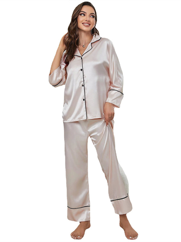 Kadın Renk Bloklu Saten Uzun Kollu Pijama Takımı