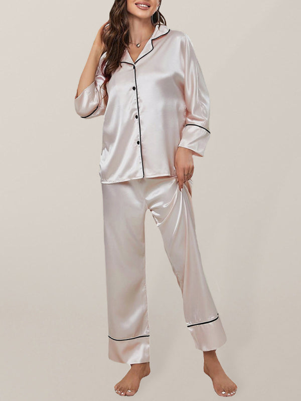 Kadın Renk Bloklu Saten Uzun Kollu Pijama Takımı