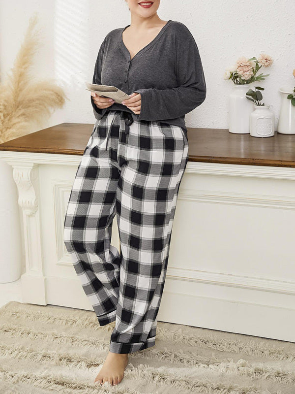 Şık V-Yaka Uzun Kollu Büyük Beden Kadın Pijama Takımı - Kareli Pantolon