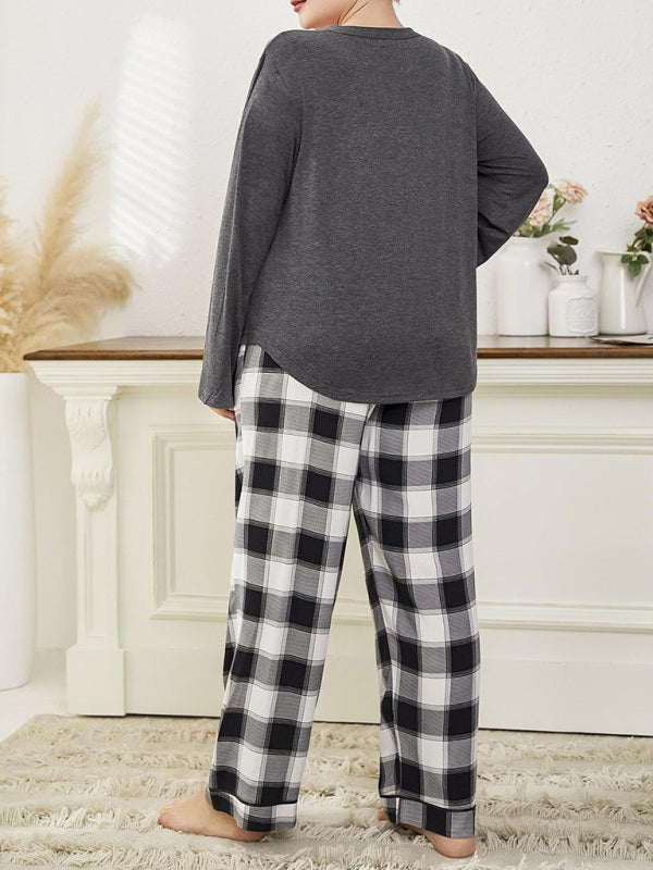 Şık V-Yaka Uzun Kollu Büyük Beden Kadın Pijama Takımı - Kareli Pantolon