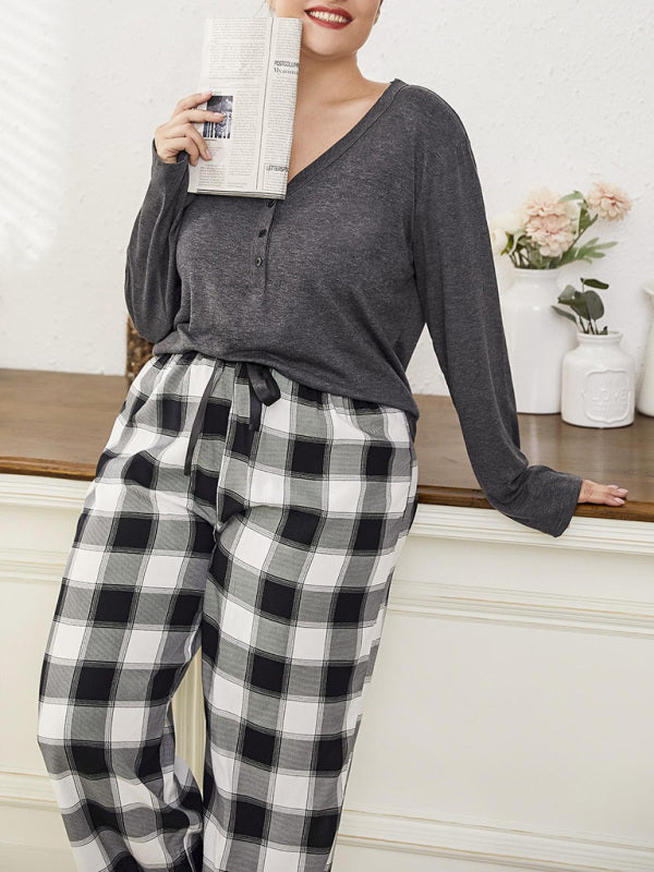Şık V-Yaka Uzun Kollu Büyük Beden Kadın Pijama Takımı - Kareli Pantolon