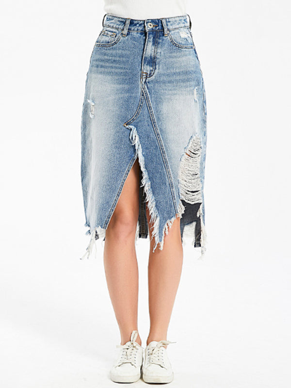 Kadın Düzensiz Kırpılmış Fringed Denim Midi Etek - Popo Kaldıran Şıklık