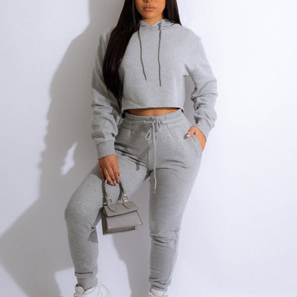 Kadın Düz Renk Kapüşonlu Sweatshirt Takımı