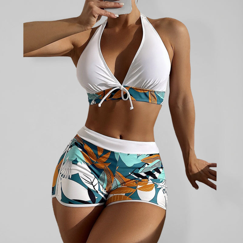 Yüksek Bel Desenli Dikişli Bikini - Bağcıklı & Şık