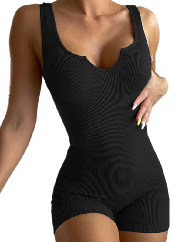Rib V-Yaka Düz Renk Slim Fit Günlük Tulum