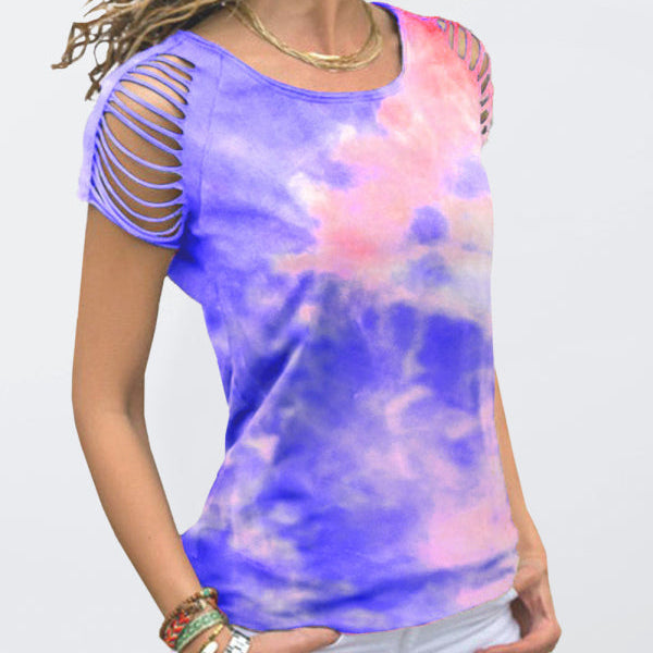 Yırtık Detaylı Tie-Dye Kısa Kollu Askılı Kadın Tişört