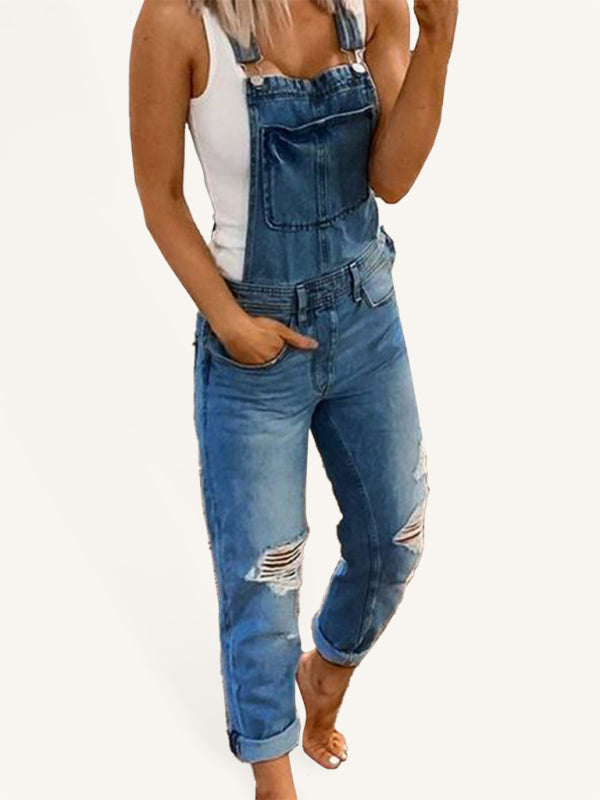 Yırtık Denim Tulum - Çift Omuz Askılı, Günlük Şıklık