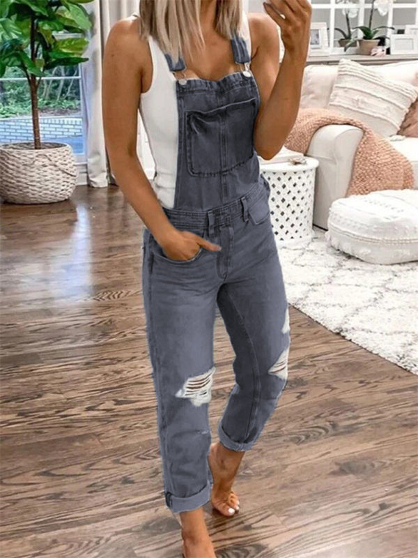 Yırtık Denim Tulum - Çift Omuz Askılı, Günlük Şıklık
