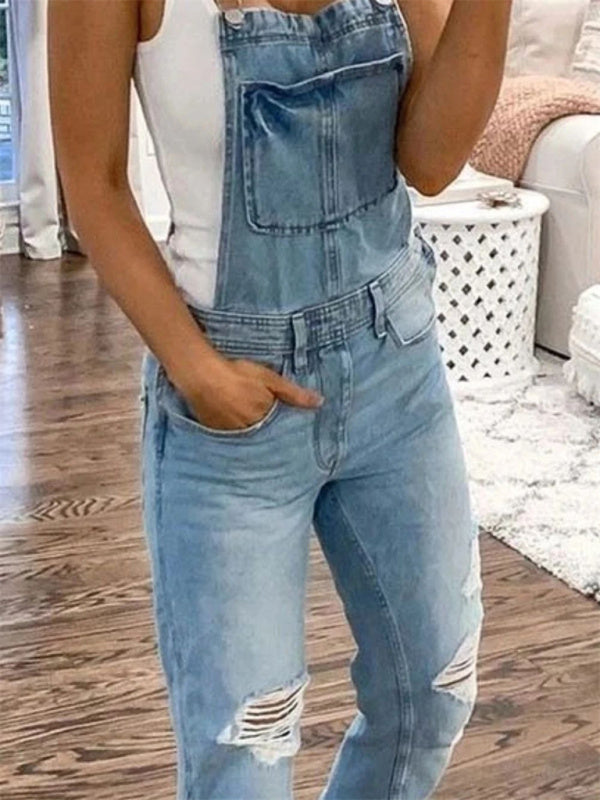 Yırtık Denim Tulum - Çift Omuz Askılı, Günlük Şıklık