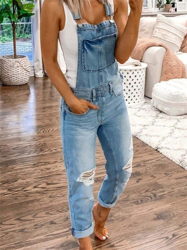 Yırtık Denim Tulum - Çift Omuz Askılı, Günlük Şıklık