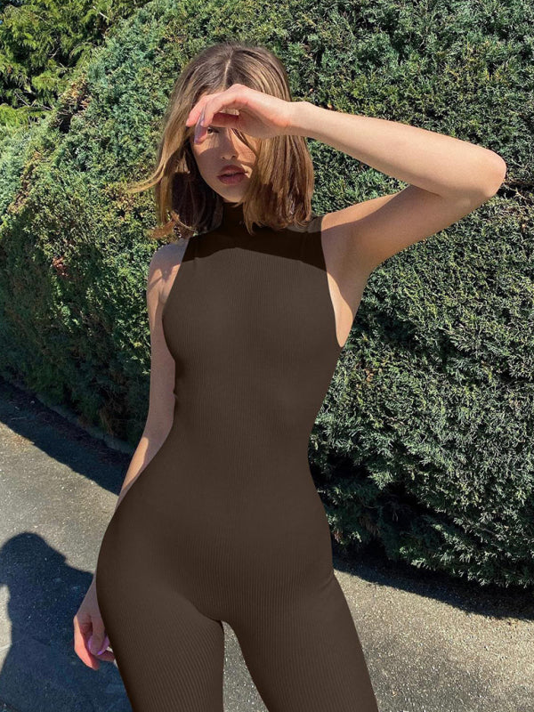 Kadın Slim Fit Kolsuz Yüksek Yaka Yoga Tulum