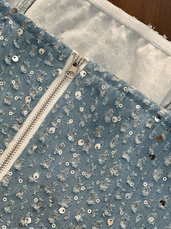 Kadın Seksi Payetli Denim Dar Kesim Bluz