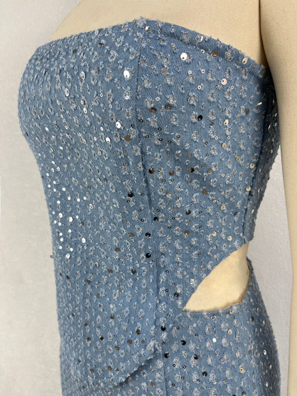 Kadın Seksi Payetli Denim Dar Kesim Bluz