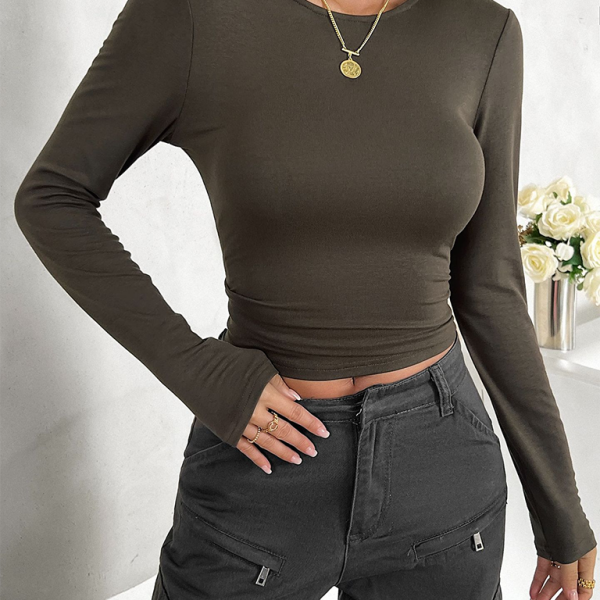 Yeni Sezon Düz Renk Yuvarlak Yaka Slim Fit Uzun Kollu Bluz