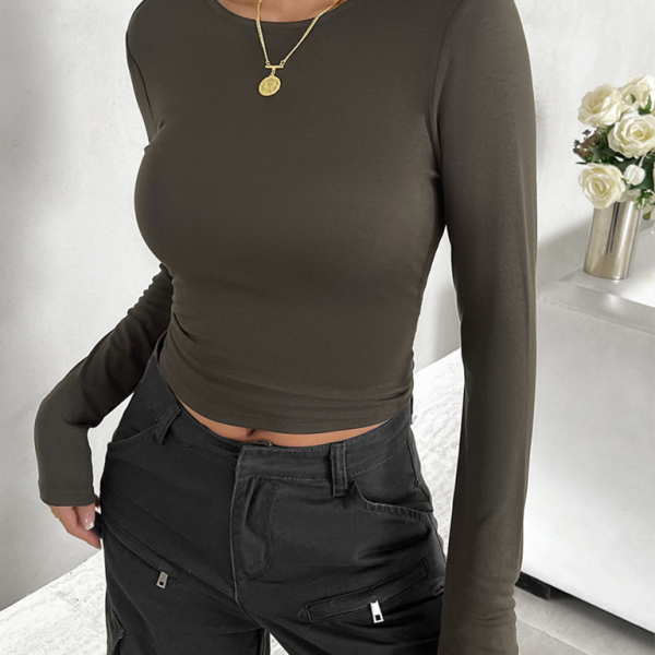 Yeni Sezon Düz Renk Yuvarlak Yaka Slim Fit Uzun Kollu Bluz