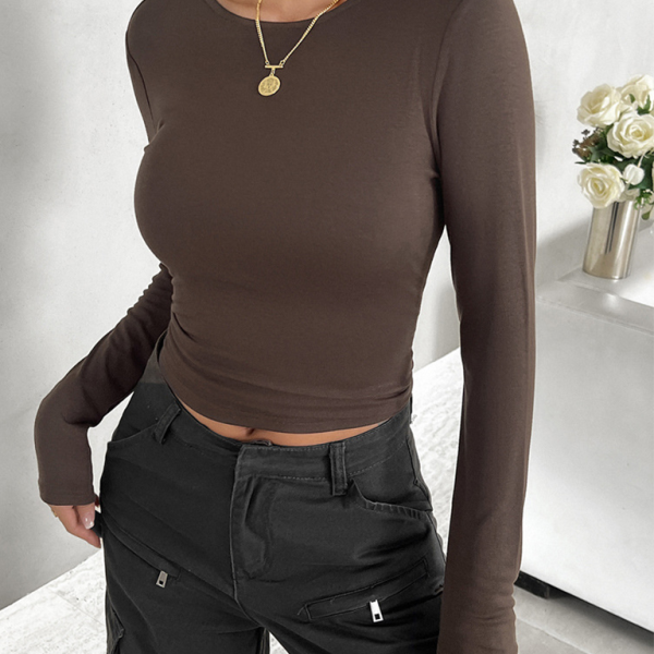 Yeni Sezon Düz Renk Yuvarlak Yaka Slim Fit Uzun Kollu Bluz