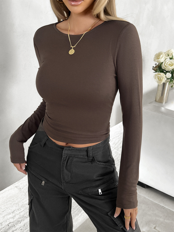 Yeni Sezon Düz Renk Yuvarlak Yaka Slim Fit Uzun Kollu Bluz