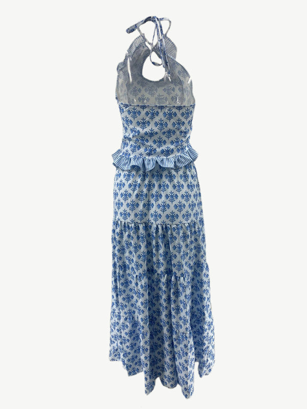 Şık Rahat Halter Yaka Üst ve Baskılı Etek İkili Set